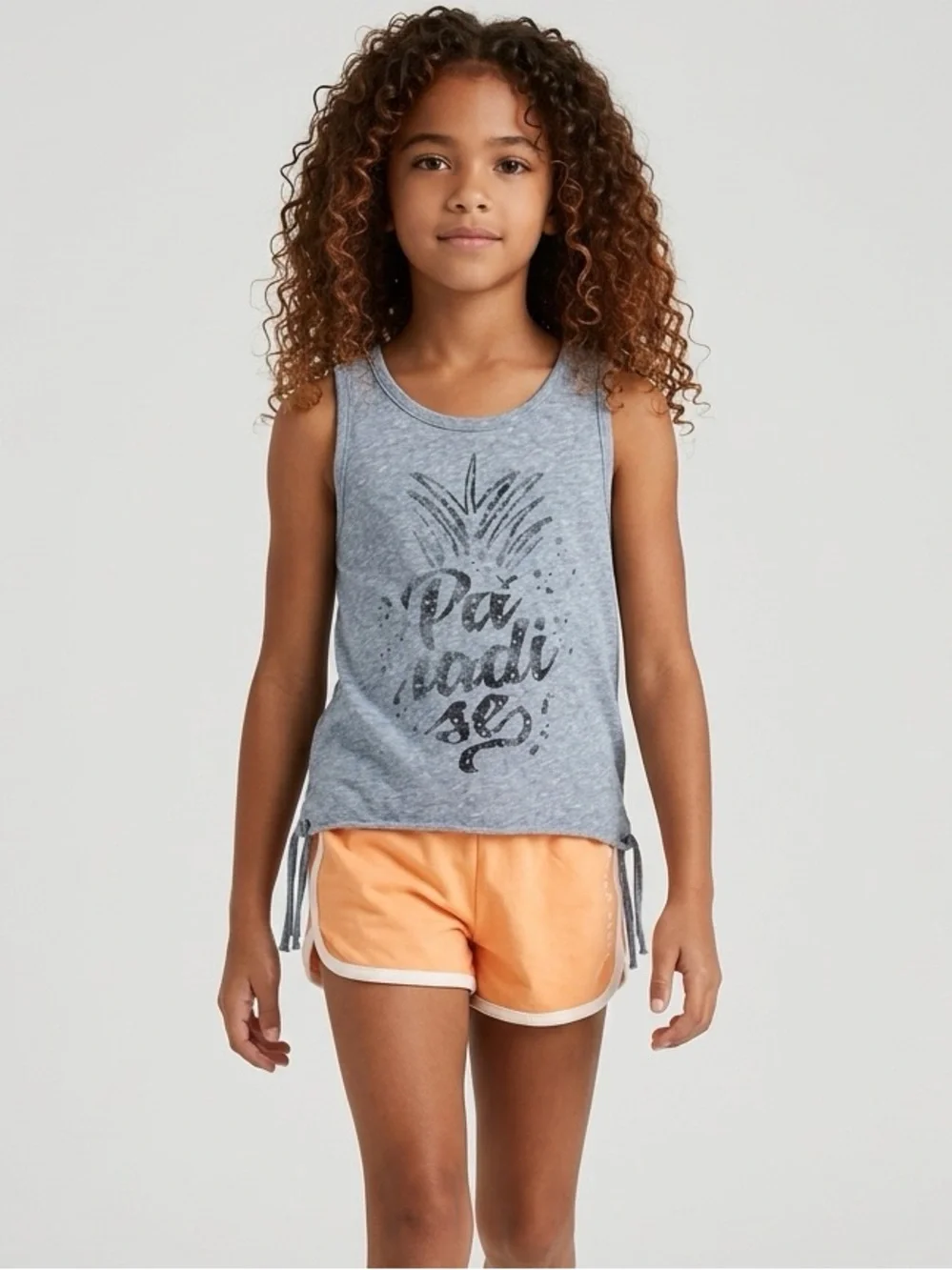 NWT American Eagle Kids Girls Gray Graphic Tank Fringe Orange Shorts/Socks - 4